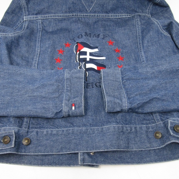 Vtg 90s Tommy Hilfiger Denim Jacket Sz L Flag Lady - Picture 7 of 7